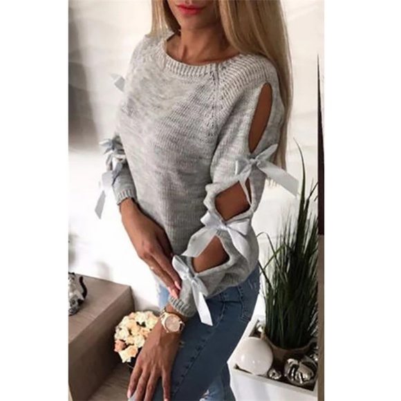 RESTOCKED! Gray bow tie pullover o neck sweater - Picture 3 of 8